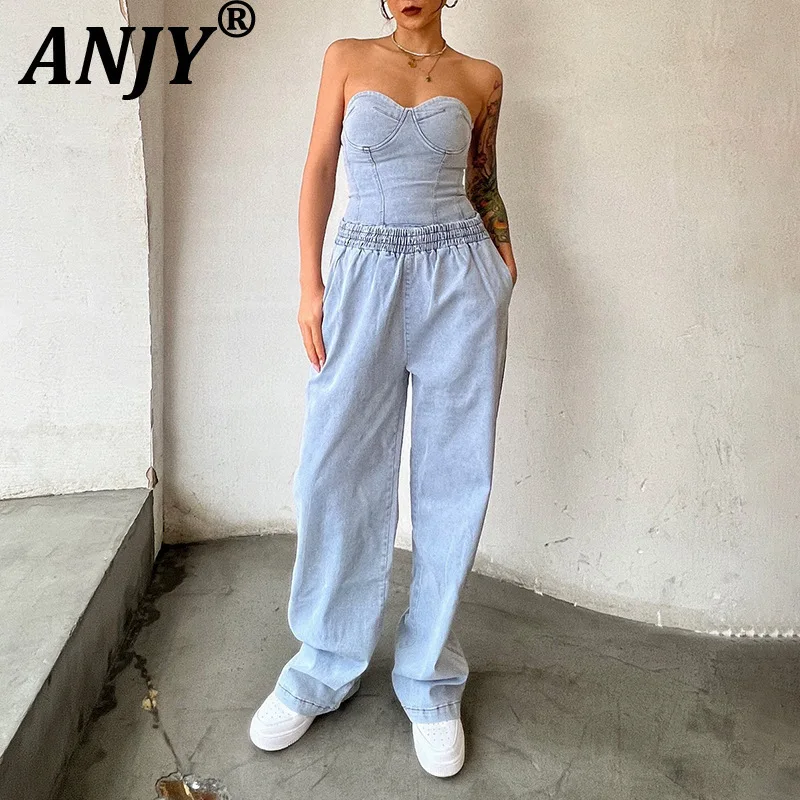 

ANJY Summer New Woman Sexy Off-Shoulder Strapless Denim Tops High Street Elastic Waist Wide Leg Jeans Casual Two-piece Set A8520