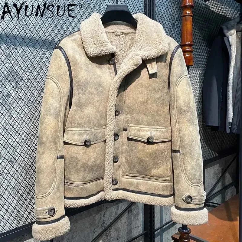 AYUNSUE Original Real Fur Coat Men's Jacket Nature Warm Thick Men Sheepskin Genuine Leather De Cuero Genuino FC