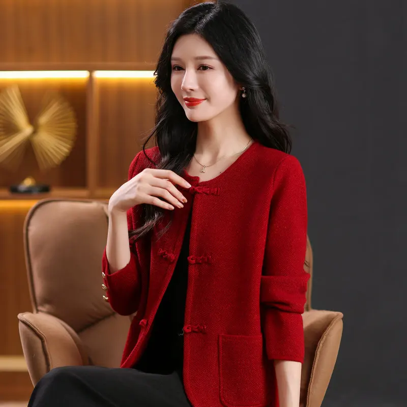 Simple Style Office Lady Look Red Camel Black Knitted Coat For Women Round Collar Single Breasted Oriental Button Design Jackets