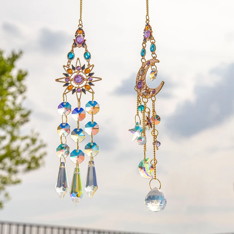 1PC Crystal Pendant Suncatcher Window Prisms Rainbow Maker Vintage Wind Chimes Sun Moon Hanging Ornament Home Garden Decoration
