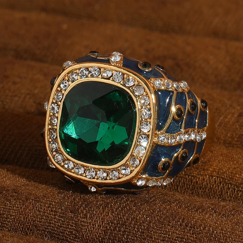 

﻿ Vintage Green Emerald Ring Square Rhinestone Enamel For Women Accessories Open Gold Plated Luxury Quality Jewelry 2025 Trends