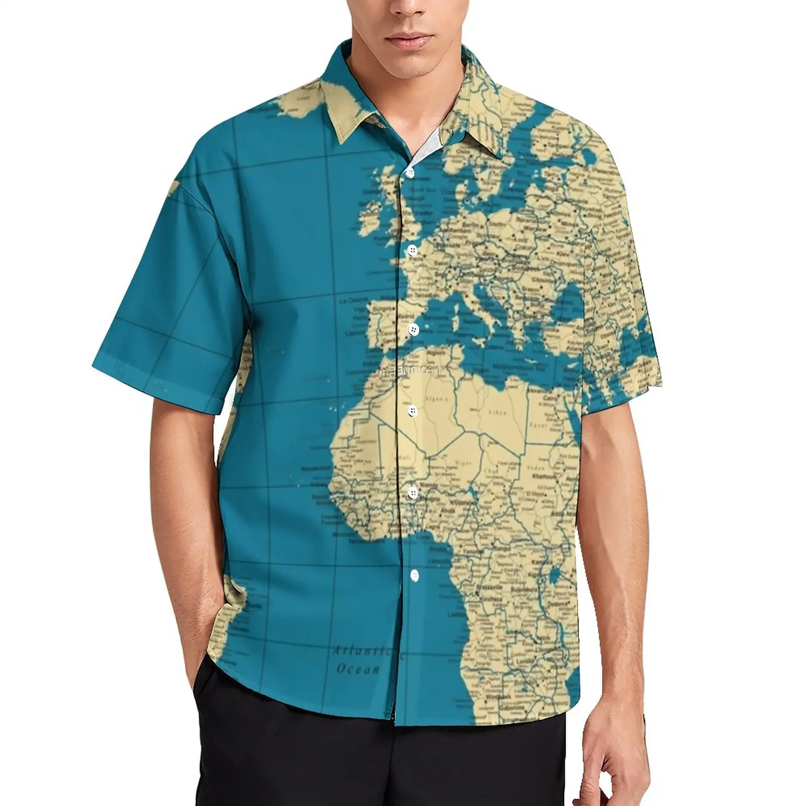 Mapa mundi vintage camisa casual países cidades estrada praia camisa solta havaiana na moda blusas de manga curta gráfico oversize topo