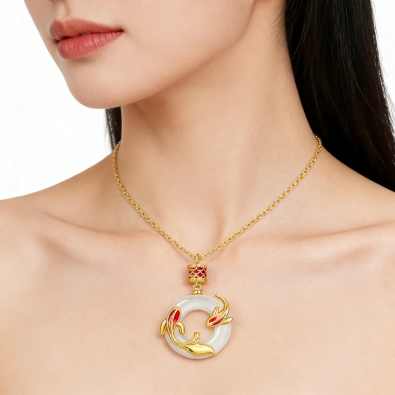 Collar con colgantes de pez de la suerte para mujer, colgante redondo hueco translúcido, estilo chino, nudo Ping An, joyería elegante bohemia para el cuello