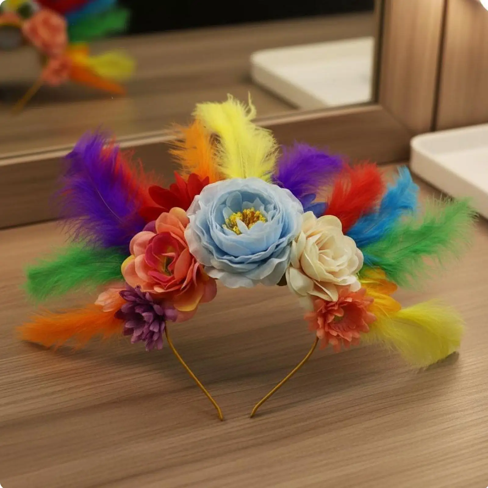 Artistic Textile Flower Feather Crown for Day of Dead Festivities and Stage Performance Wear