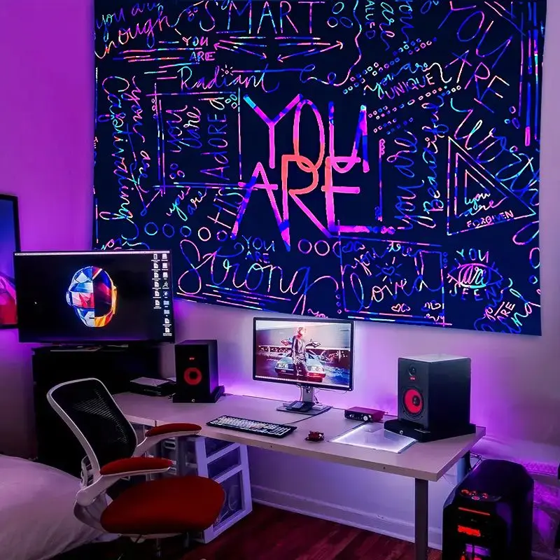 VIKAMA You Are Strong Cyberpunk Tapestry, Glow in Dark Wall Hanging, Motivational Wall Decor for Bedroom Game Room Esports Decor