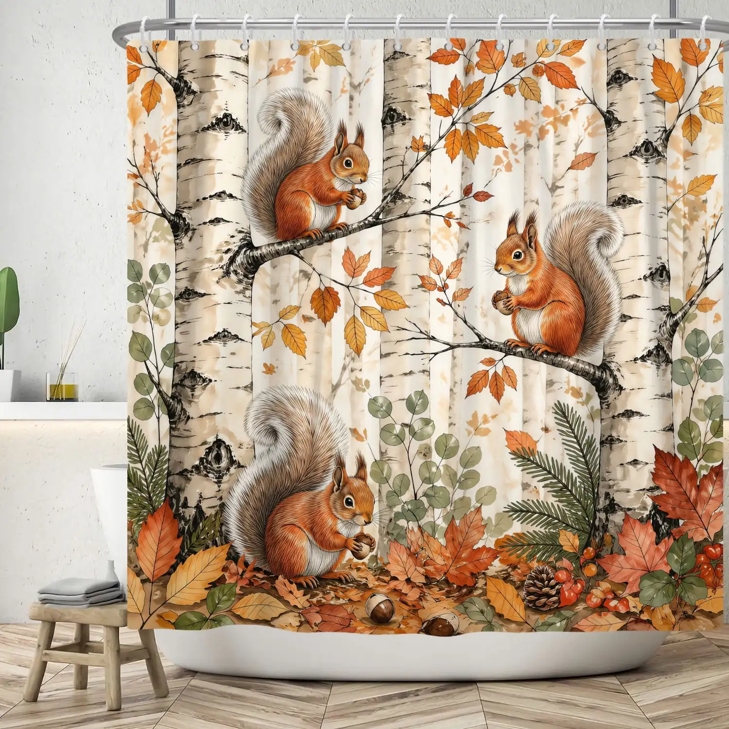 Fall Squirrels Shower Curtain Autumn Thanksgiving Animals Fabric Bathroom Curtains Decor with Hooks 72x78 in