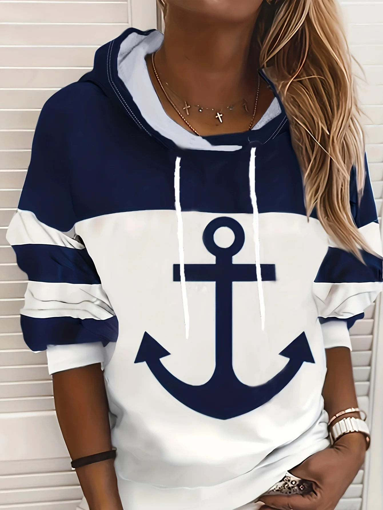 Women\'s Anchor Print Drawstring Hoodie-Relaxed Casual Style with Adjustable Hood & Long Sleeves - Premium Comfortable Sweatshirt