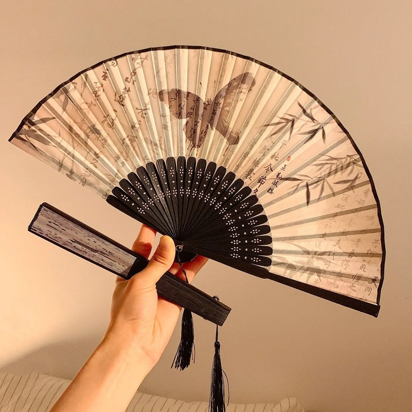 Personalized Custom Logo Text, Laser-Engraved Names and Dates, Chinese Ancient Style Ink Painting Folding Fan, Exquisite New Chinese Style for Summer, Hanfu, Cheongsam, Dance, Ancient Style Photography, Portable Handheld Bamboo Fan view 2