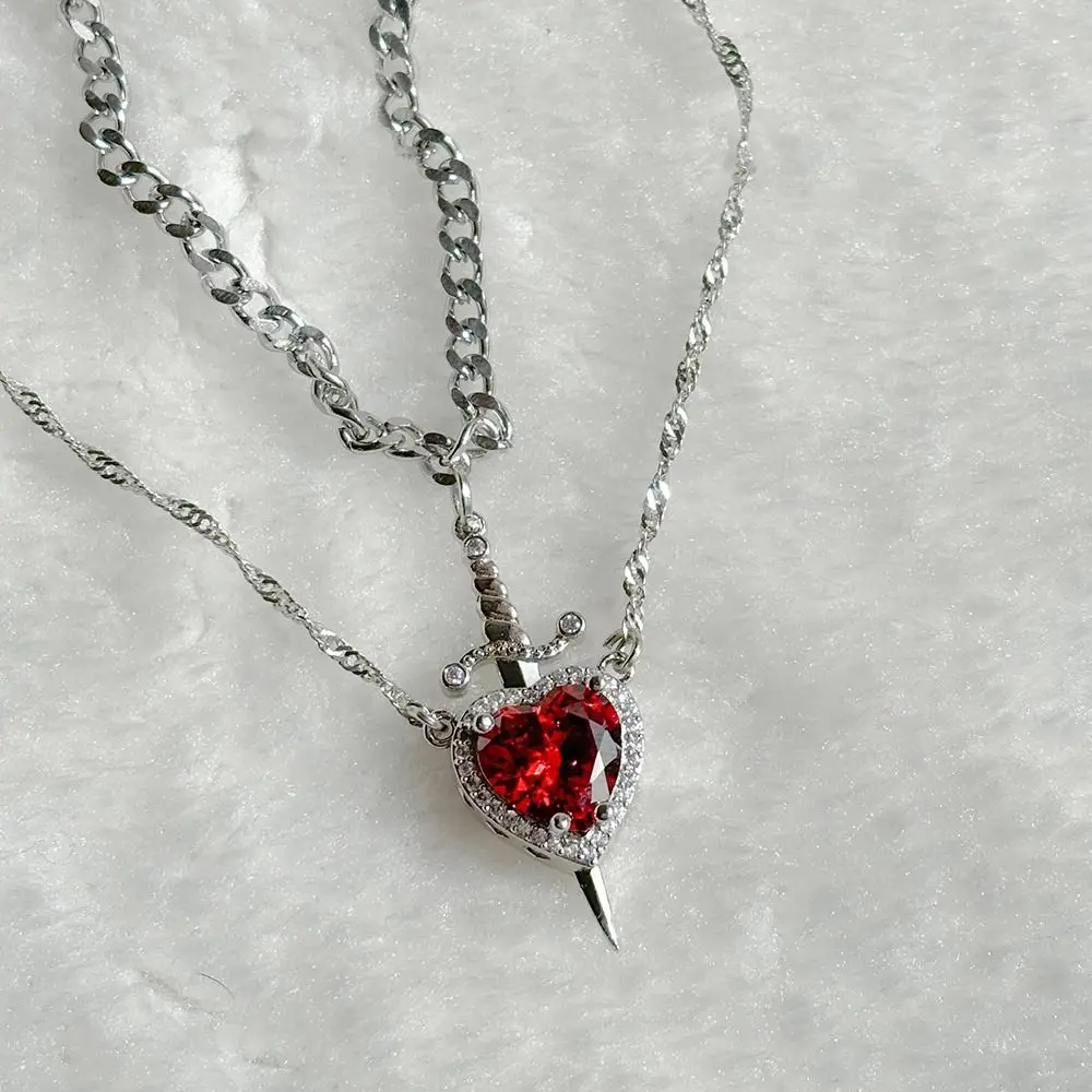 Punk Trendy Heart and Sword Valentine's Day Gift Silver Plated Sword Through Heart Necklaces Jewelry Gifts Matching