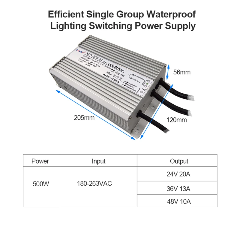Imagem -03 - Transformador Impermeável Ip67 Led Driver Tensão Constante e Corrente Fonte de Alimentação dc 24v 36v 45v 48v 500w 220v ac Xlg500