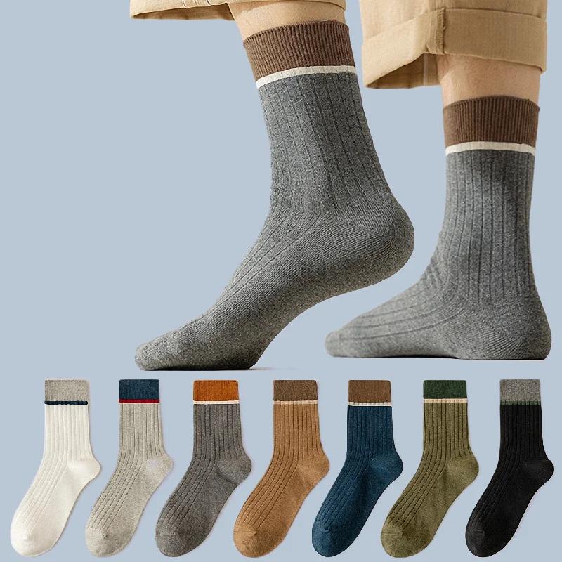 6/12 Pairs New Trendy Socks For Men\'s Autumn Winter Striped Color Sports Socks Matching All-match Breathable Mid-length Socks