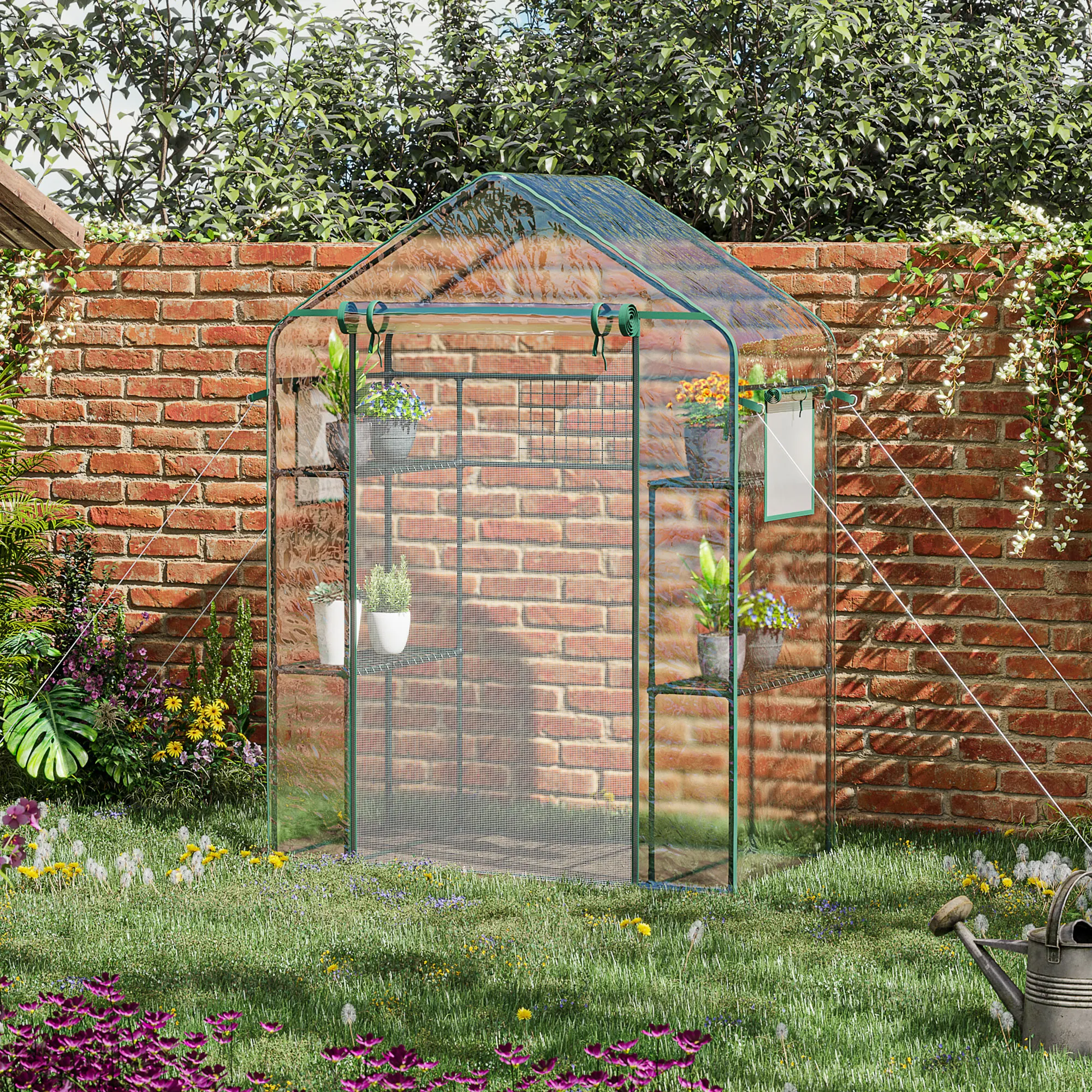 Outdoor Walk-in Mini Greenhouse with Mesh Door & Windows, Portable Garden House with 3-Tier 6 Shelves, Trellis & Plant Labels