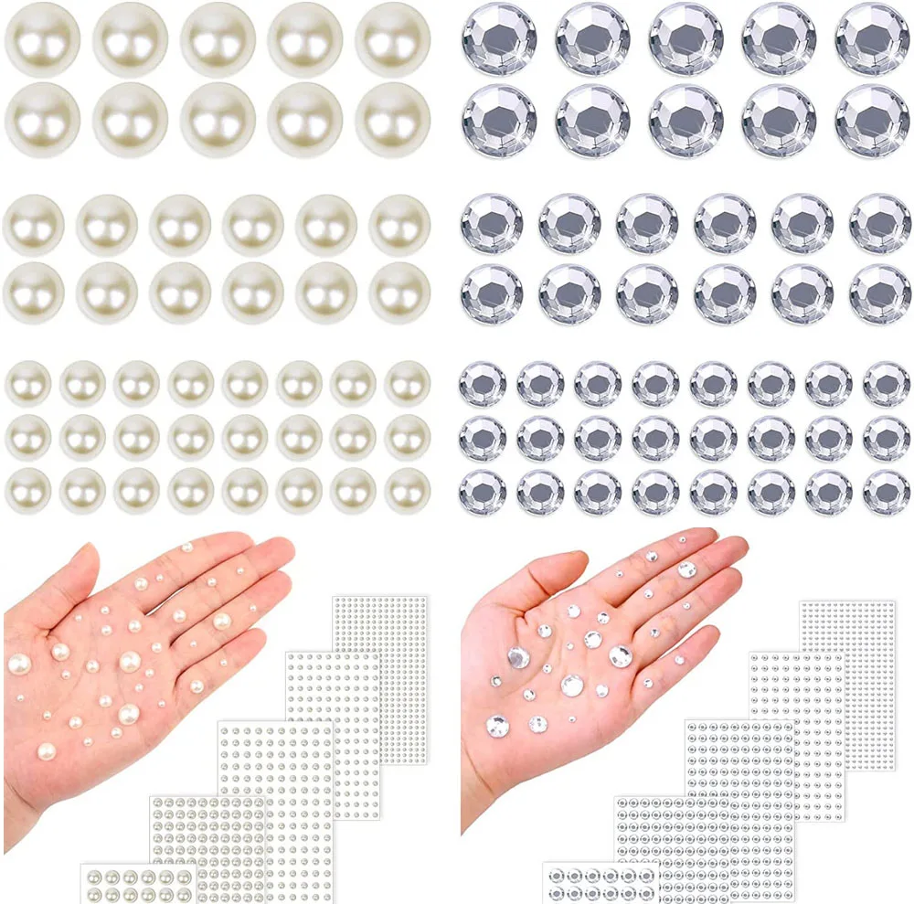 991pcs Mixed Size Self Adhesive White Imitation Pearl Rhinestones Stickers Face Nail Arts Decor 3D Diamond  Children DIY Toys