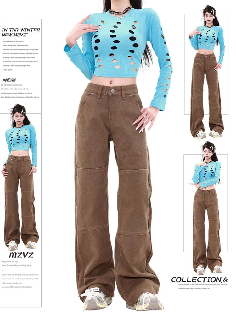 

WCFCX STUDIO American Vintage Spicy Girl Jeans Women Straight Pants Female 2024 Summer New Chic Wide Leg Denim Trousers