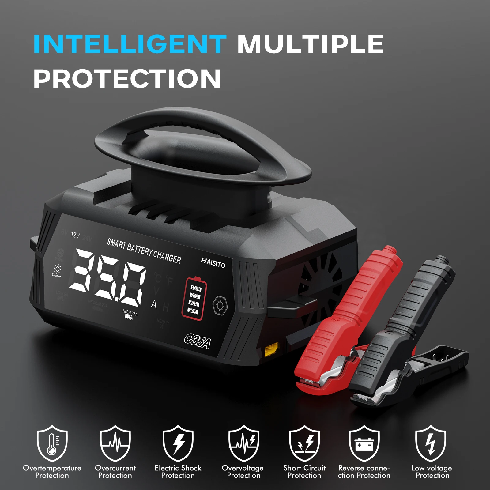 Nabíječka autobaterií HTRC 35A 6V/12V/24V Inteligentní nabíječka pro lithiové, LiFePO4, olověné, AGM baterie Automatická nabíječka pro motocykly - náhled 4