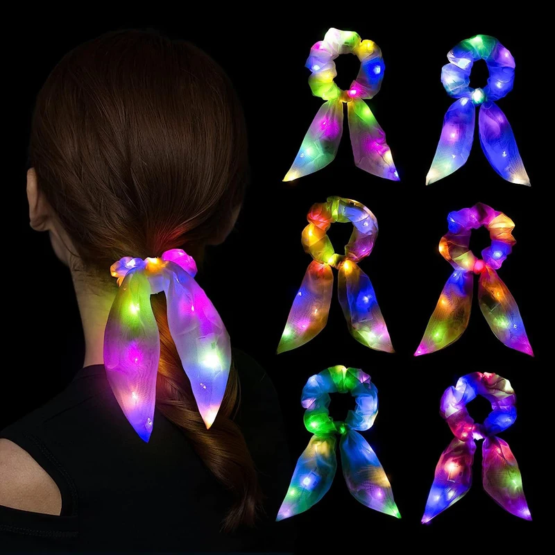 LED Bow Scrunchies Concert Mardi Gras Birthday Dance Cosplay Props Toy Beautiful Girls Women Hair Rope Pink Light Up Scrunchies