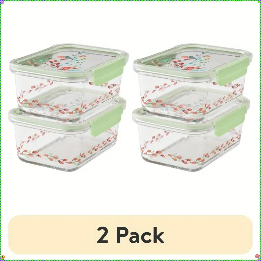 

(Упаковка из 2 шт.) Окрашенные луговые прямоугольные стеклянные контейнеры для хранения продуктов с 4 чашками и крышками. Набор из четырех человек.