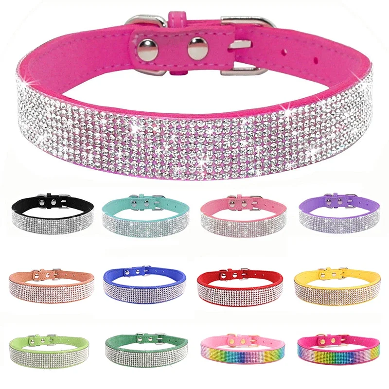 Suede Fiber Crystal Dog Collar Comfortable Glitter Rhinestone Dog Collars Zinc Alloy Buckle Collar for Small Dogs Cats XXS-L Tie