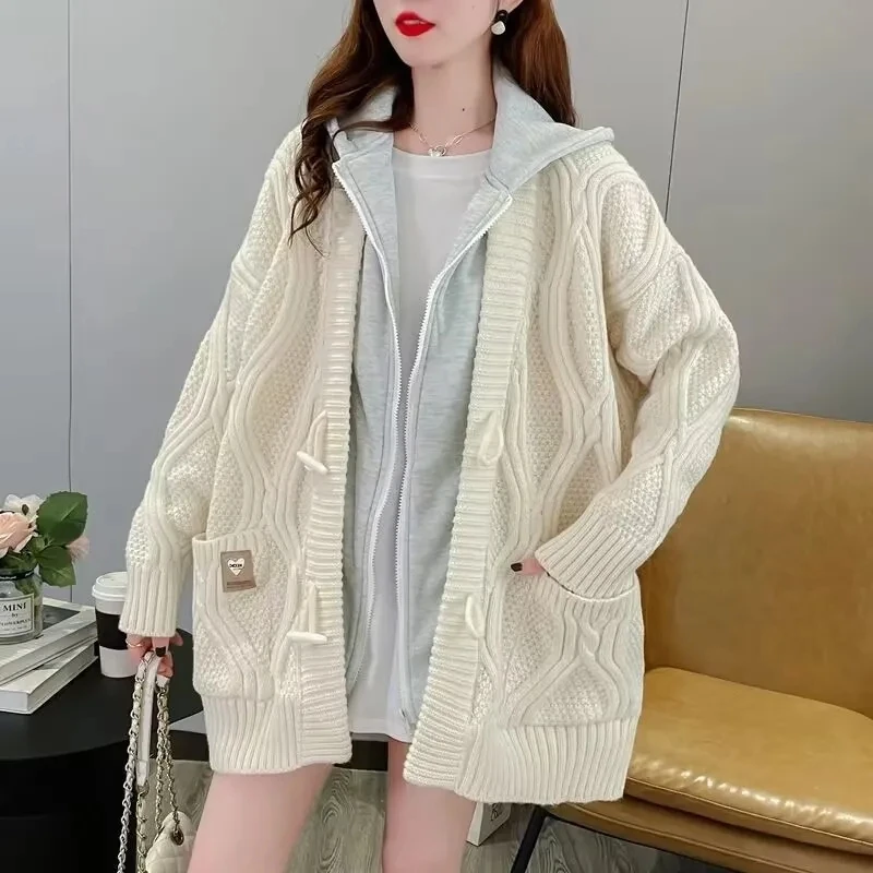 Autumn Winter Thick Warm Cardigan Sweater Women Fashion Fake Two Hooded Stitching Knitted Coats Loose Korean All Match Outwear