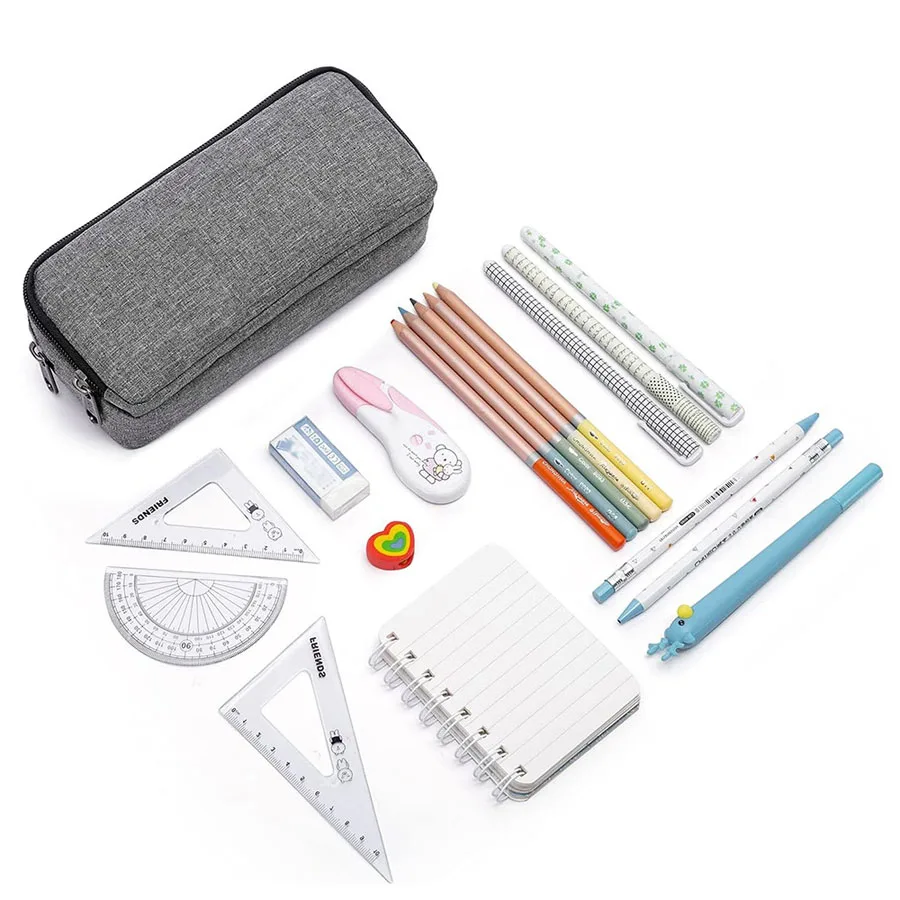 Large Capacity Canvas Pencil Case Simple Double-Layer Zipper for Storing Long Rulers And Brushes