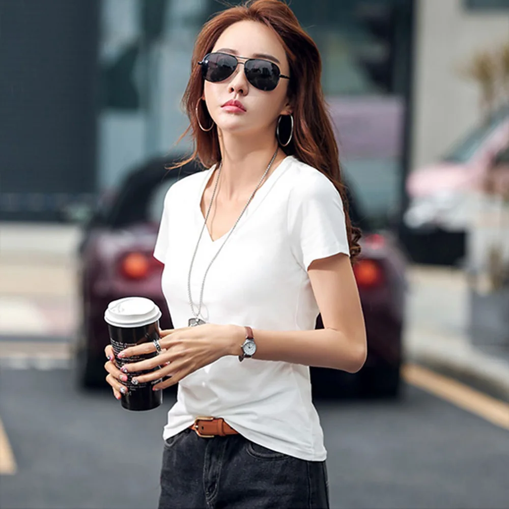 New Women V-Neck T-shirt Summer Fashion Casual Short Sleeve Slim Tees Tops Classic Simplicity Basic Cotton T-shirt Burgundy