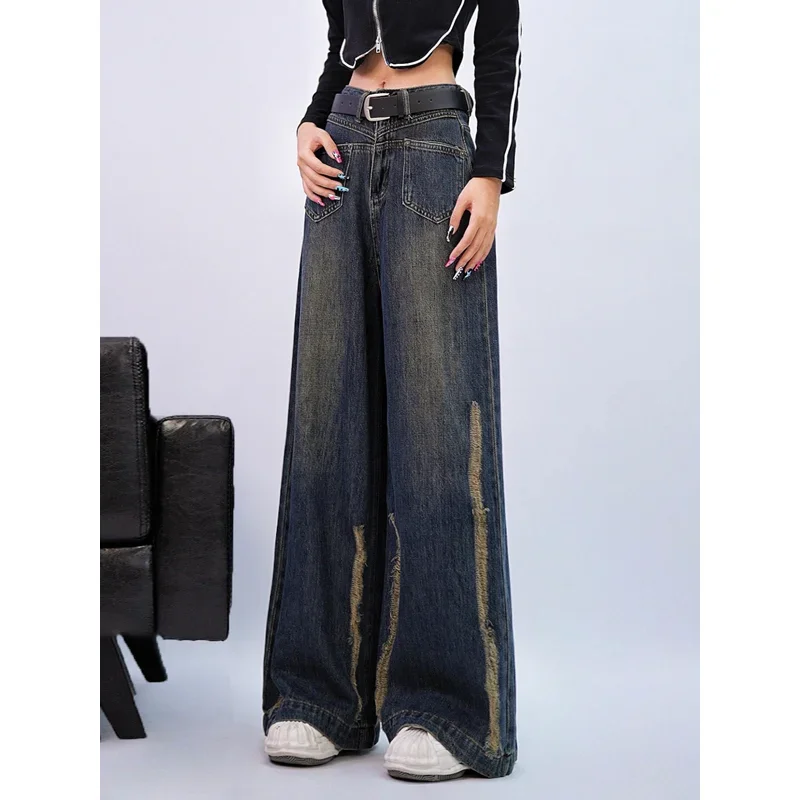 Wide-leg floor-mopping trousers women's retro niche pocket ripped design loose and thin old jeans