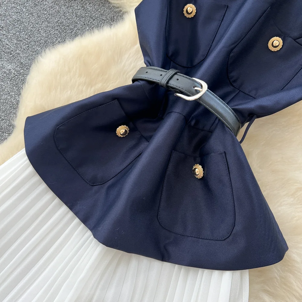 レディース プリーツワンピース Aライン ベルト付きワンピース アンクル丈 ノースリーブ Oネック バックジッパー スリムフィット カジュアル エレガント 2025 夏