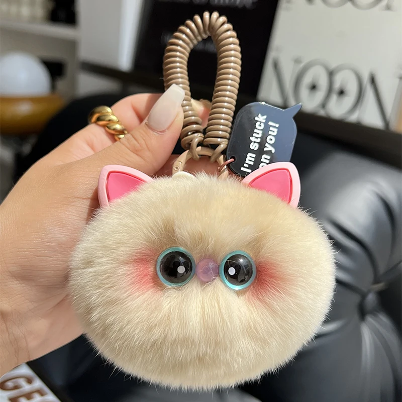 Plush Cat Keychain For Women Real Rabbit Fur Ball Kitten Keyring Student Gift Bag Lanyard Bag Pendant Cheap Gift For Friends