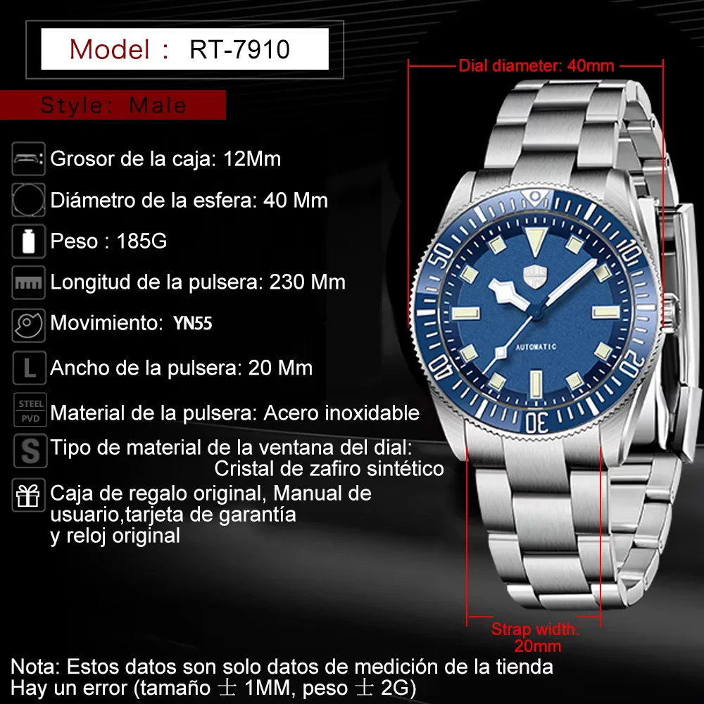 Jam tangan pria Rollstimi 2025 baru, jam tangan otomatis mewah, jam tangan mekanik pria, safir terbaik, baja tahan karat, 10BAR, bercahaya