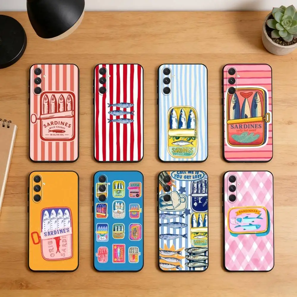 

Cute Sardines Fish Art Phone Case For Samsung S26,S25,S24,S23,S22,S21,Ultra,Plus,FE Black Soft Cover