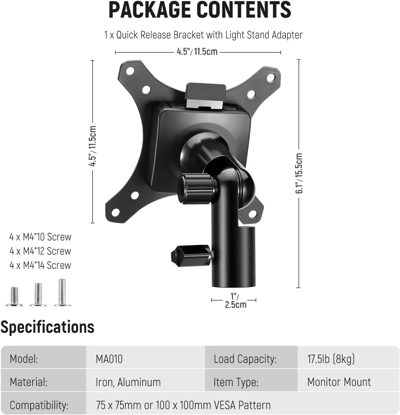NEEWER Monitor-Mount-Adapter mit Schnellverschluss für VESA-Mount 270 ° Verstellbarer 5/8" C Standlichtständeradapter aus Metall MA010 ﻿ – Detail 8