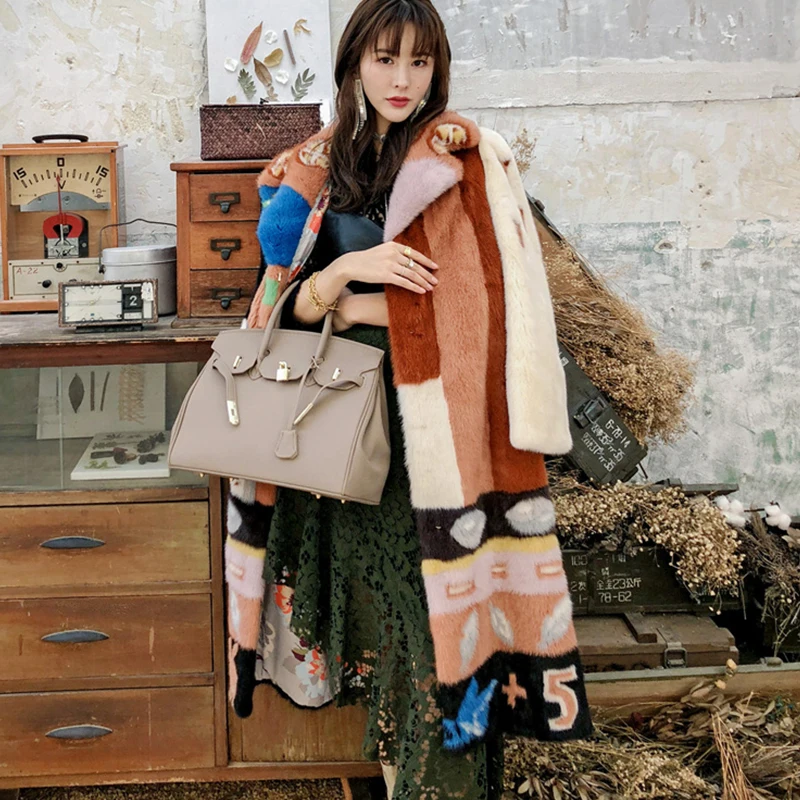Ftangaiur Winter Import Velvet Mink Fur Coat Patchwork ColorTurn-Down Collar Mink Coat Women Long Natural Real Mink Fur Coats