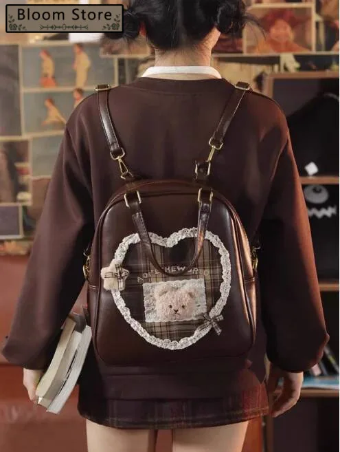 

Bloom College Style Lolita Coffee Backpack Women Sweet Cute Lace Bear Large Capacity Schoolbag Student Y2k Backpacks Female