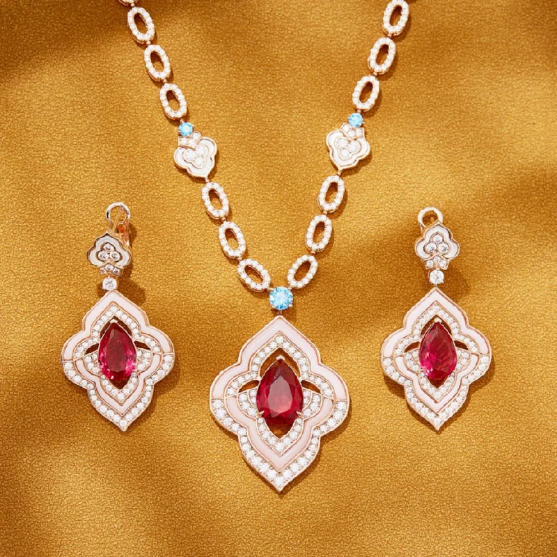 

Designer Fashion High-end Jewelry Sets Women Lady Inlay Red Cubic Zircon Opal Rhombus Pendant Necklace Earrings