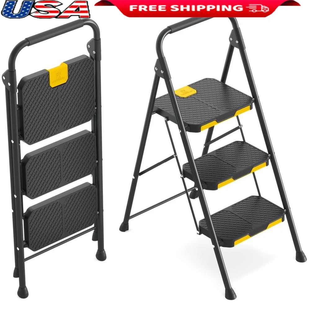 Steel Step Stool Safe-Lock Handrail Anti-Slip 800lbs Load Folding Portable Space-Saving