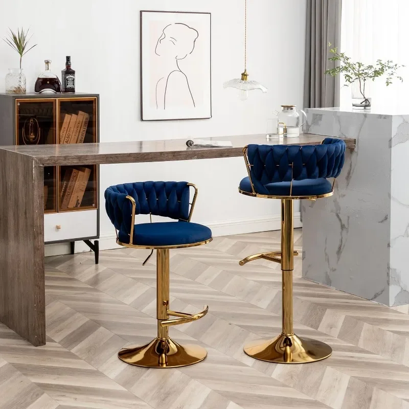 Gold Velvet Bar Stools Set of 4, Counter Height Barstools with Low Back, Swivel Bar Stool for Kitchen Island, Bar Pub (Blue)