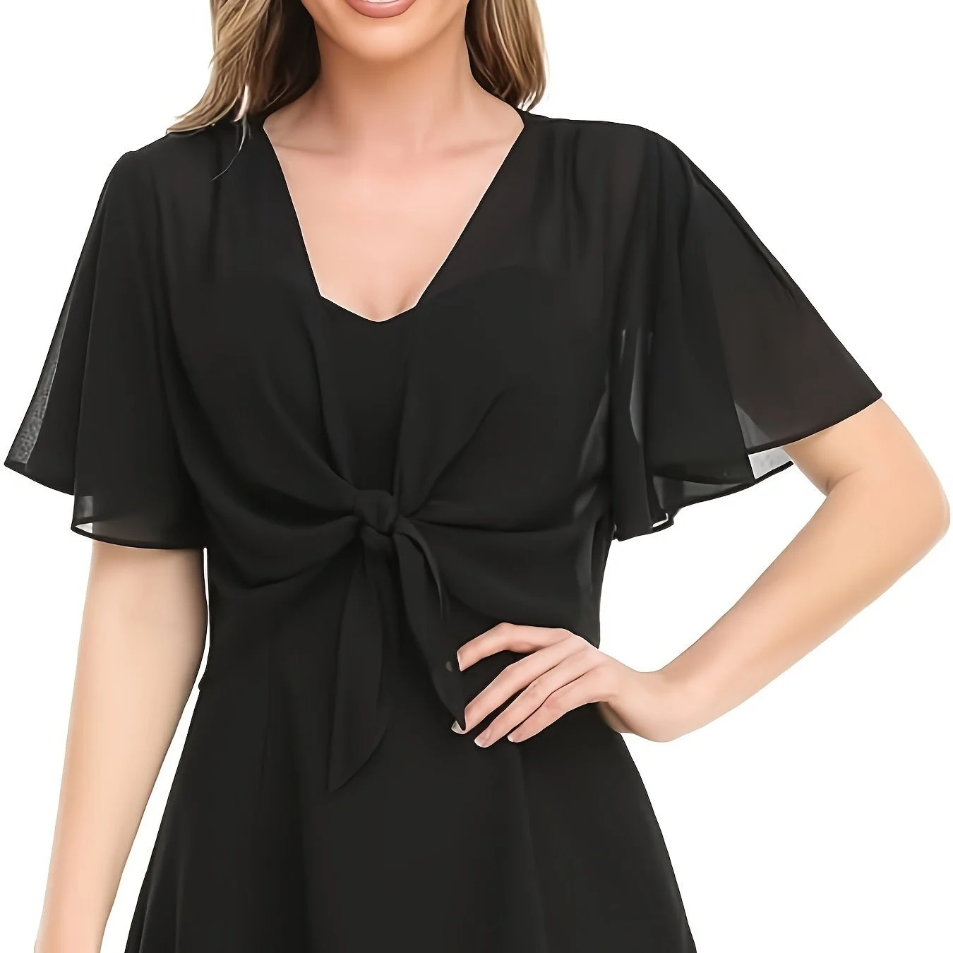 بلوزة نسائية جديدة لعام 2025 في أوروبا والولايات المتحدة بلون سادة وأكمام قصيرة سترة شيفون رفيعة مربوطة ومربوطة #4