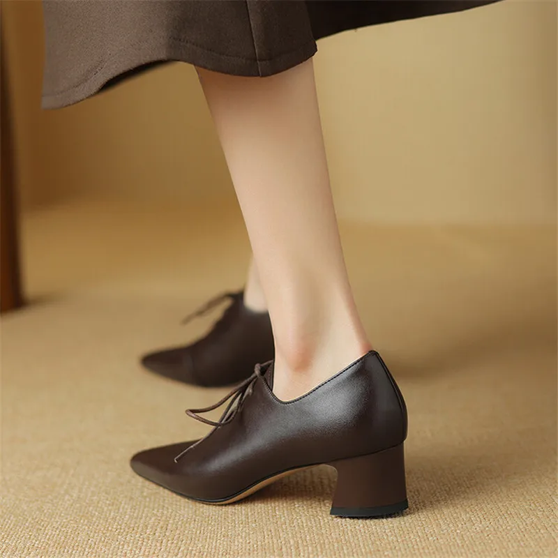 New Spring Split Leather Women Shoes Pointed Toe Women Pumps Chunky Heels Loafers Shoes for Women French Retro Lace Casual Shoes