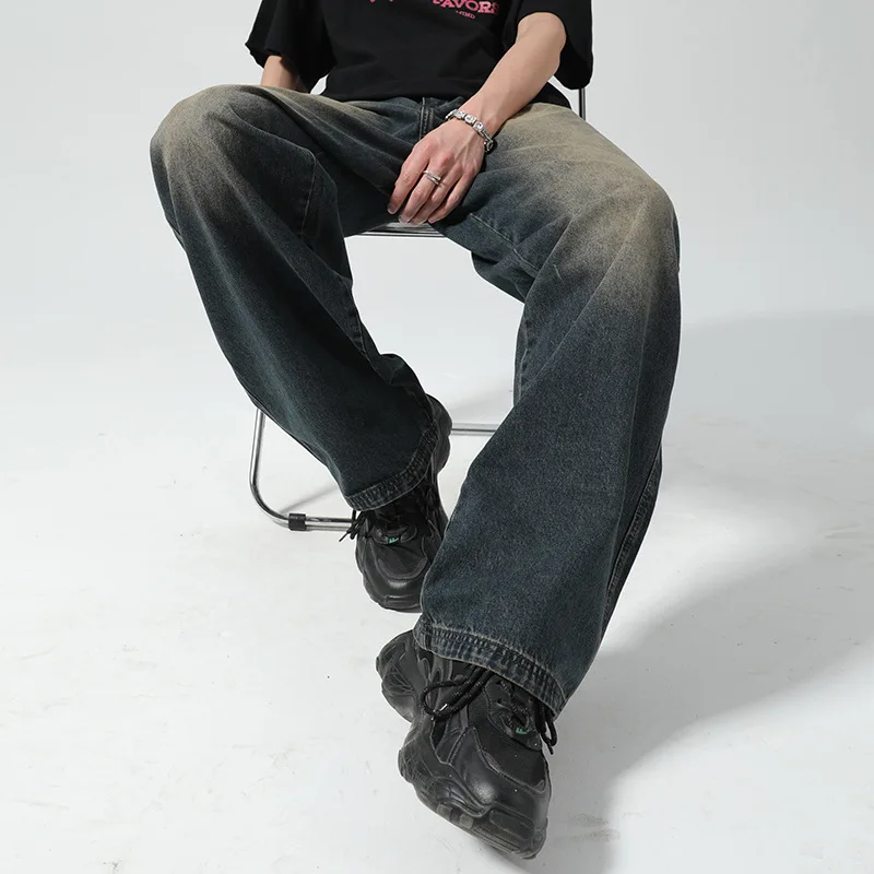 

Осень 2024, мужские потертые винтажные джинсы с карманами на молнии, потертые джинсы, широкие брюки, свободный крой, брюки полной длины с высокой талией