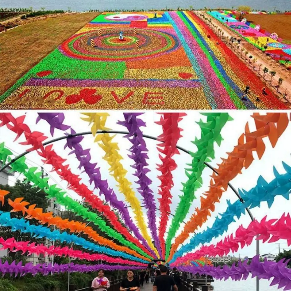 10pcs/set with Rope Strings Colorful Arch Corridor Windmill with Steel Wire Rope Colorful 4 Leaves Pinwheels Pure Color Handmade