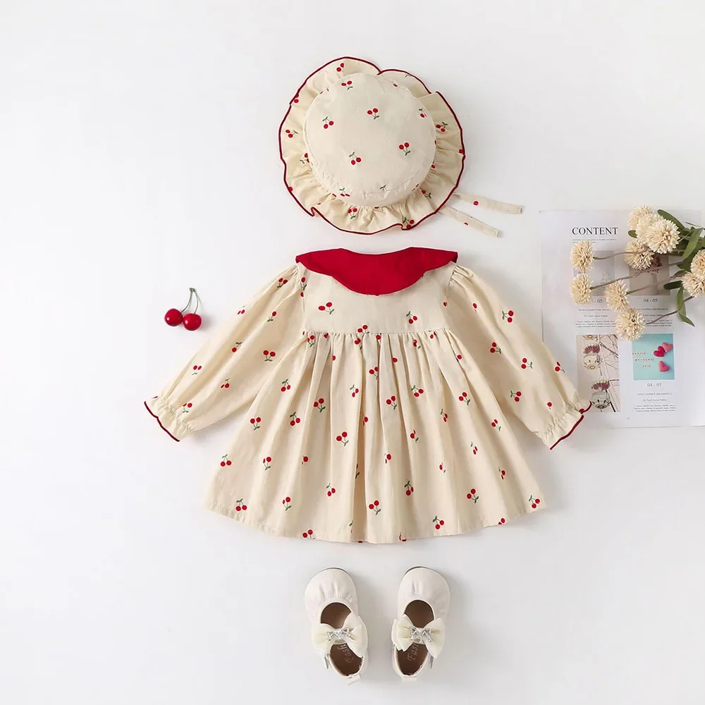 0-2Y Baby Girls Clothes 2024 Autumn Full Of Cherry Print Baby Dress Cute Peter Pan Collar Long Sleeve Dresses with Hat