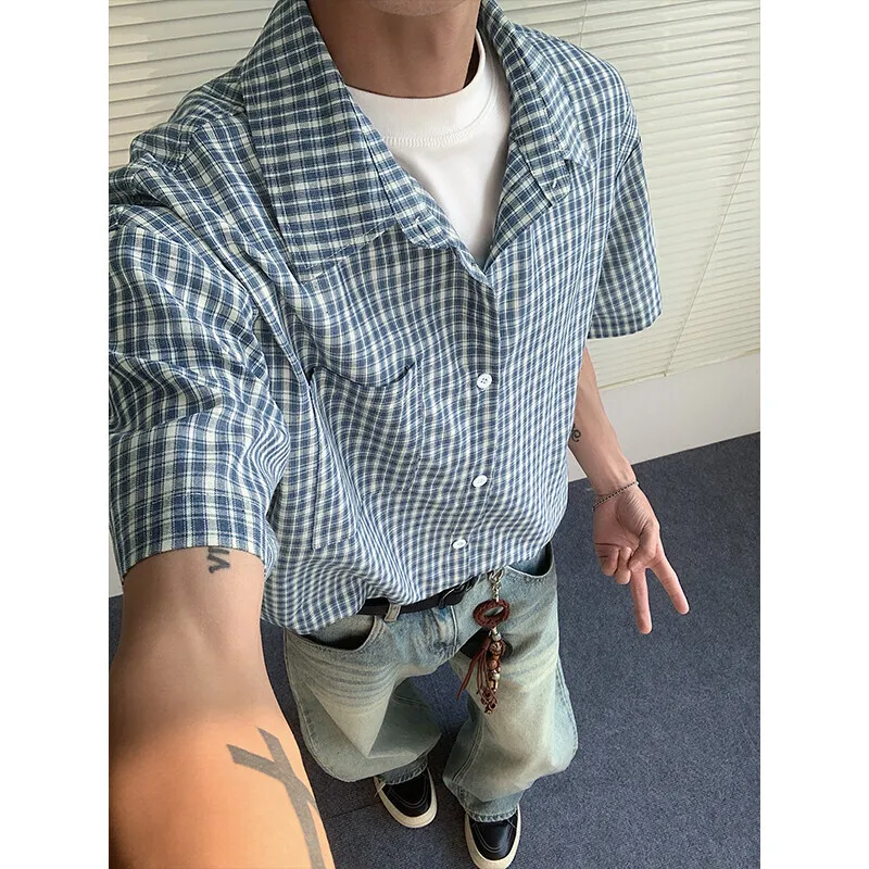 

Summer Short Sleeved Shirt Men Fashion Retro Plaid Shirt Men Streetwear Korean Loose Vintage Casual Shirts Mens Large Size 5XL