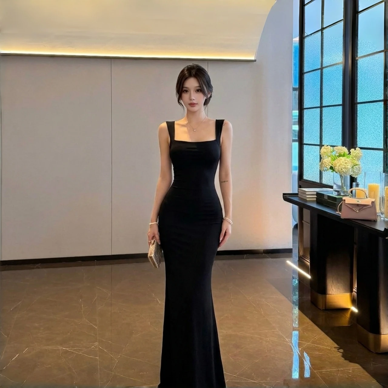 GirlsAt18 Sexy Black Sleeveless Backless Strap Dress Evening Long Dress High Waist Slim Fit Gown for Party Date Wedding