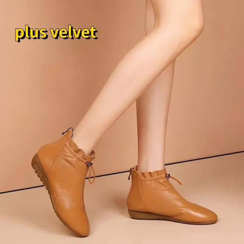 Women Sonw Boots Elastic Band Modern Boots Yellow Wedge Heels Winter Warm Velvet Shoes Leather Botas Mujer Mom Ankle Boots