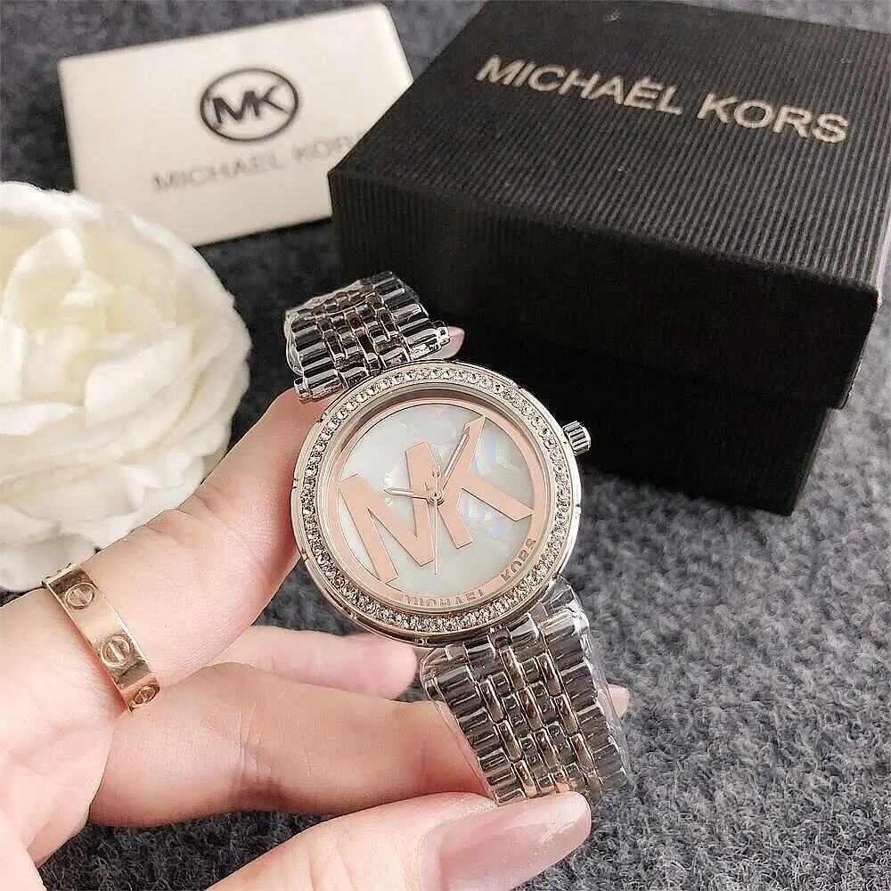 Michael Kors Women Fashion Diamond Inlaid Wristwatch Luxury Design Alloy Quartz Watch Business Style Watch Ladies Exquisite Gift