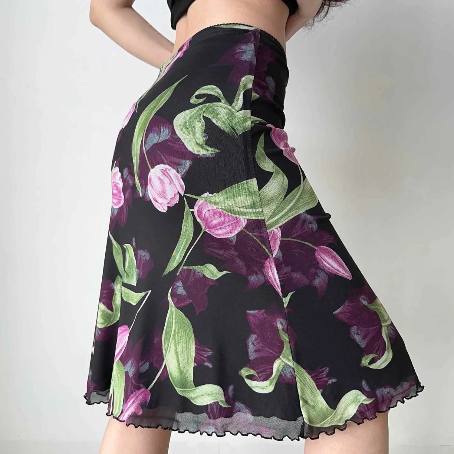 

Women's Black Tulip Print Midi Skirt - Pink Floral Pattern, Ruffled Wave Hem, Stretchy Lightweight Fabric for Spring Summer