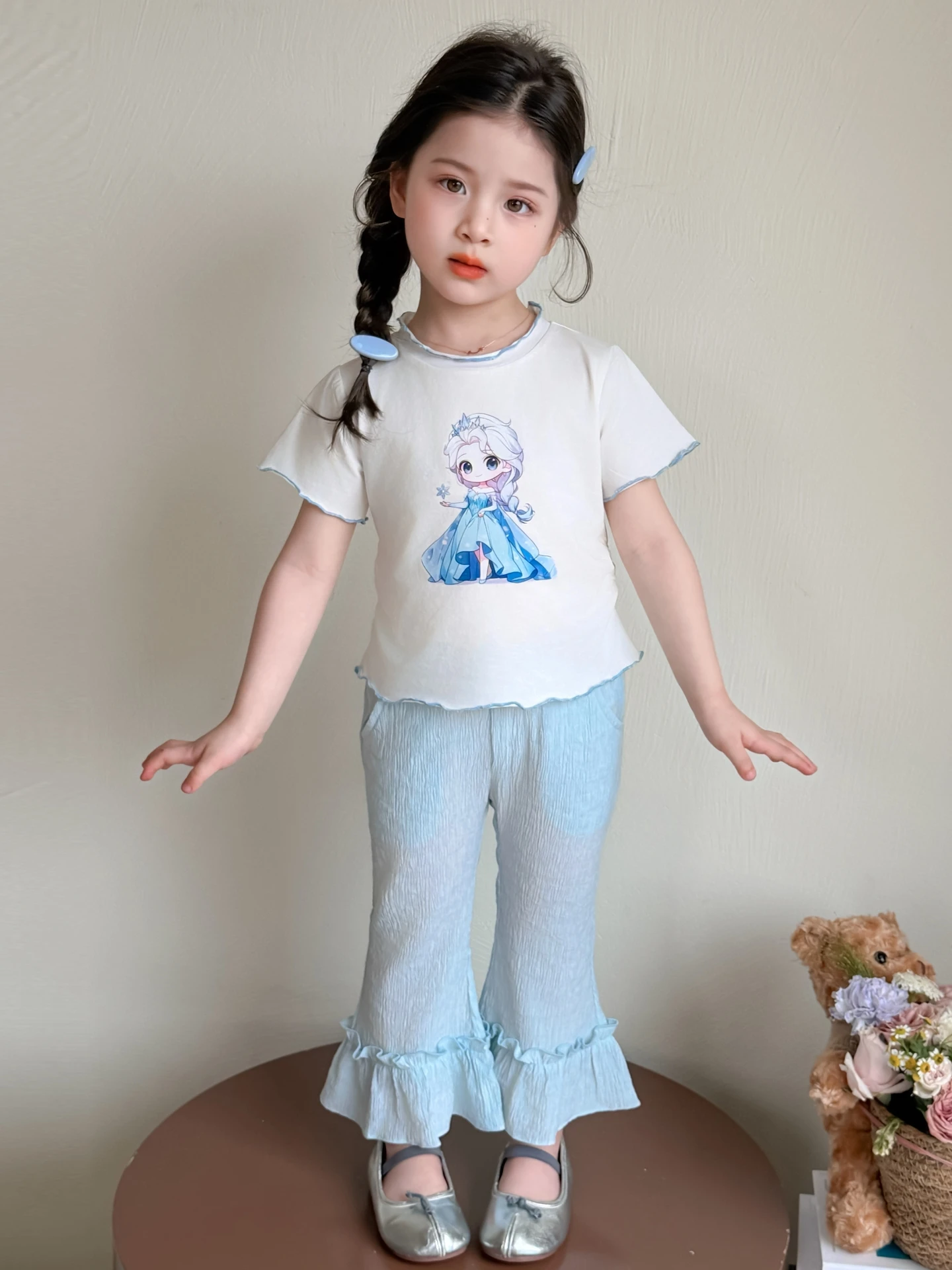 プリンセススタイルベルボトムパンツセットかわいい子供用夏服2ピース綿混紡通気性軽量アパレル