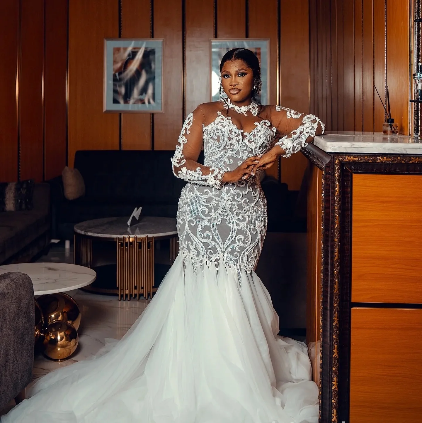 

African Wedding Dresses Black Girls Mermaid Long Sleeves Lace Muslim Aso Ebi Dubai Saudi Bridal Gown Vestido De Novia Customized