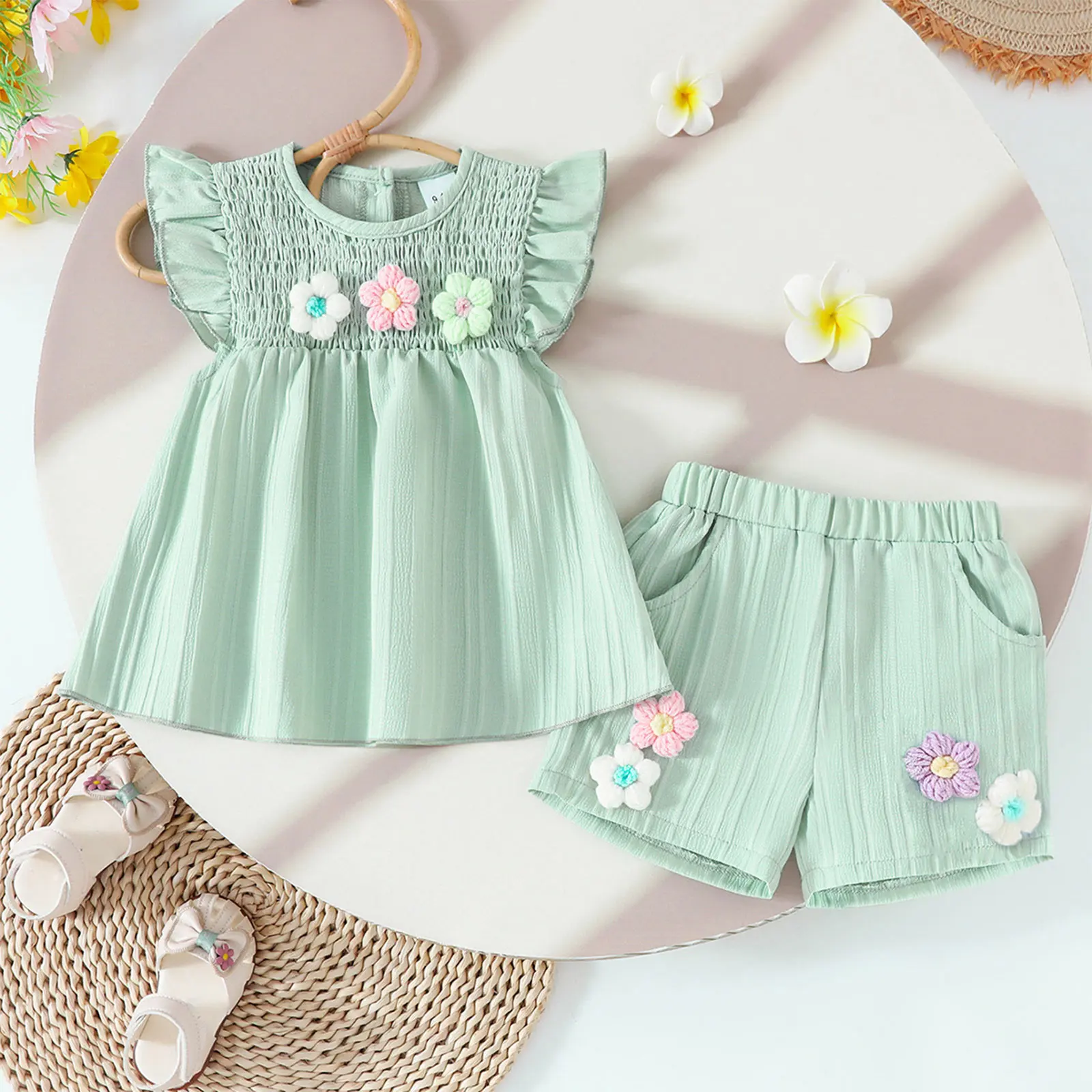 Toddler Baby Girls Ruffled Sleeveless Cute Flowers Embellished Tops with Elastic Waistband Shorts Summer Holiday Clothes Sets