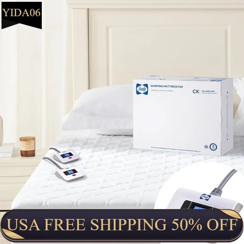 Sealy Heated Mattress Pad Cal King Size, Luxury Quilted Electric Bed Warmer with Dual Controller 10 Heat Settings & Auto